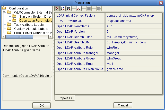 image:Figure shows the OpenLdapParameters page of the Worklist Manager External System Properties window.