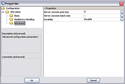 image:Screen capture of Advanced Configuration Properties dialog for JMS Subscriber.