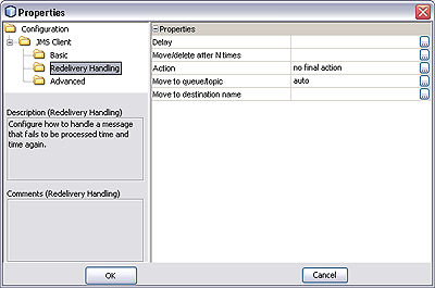 image:Screen capture of Redelivery Handling Configuration Properties dialog for JMS Consumer.