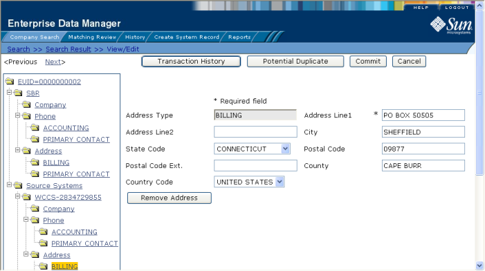 image:Figure shows a sample child object on the View/Edit page. In this case, it is an Address object.