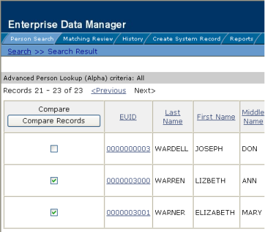 image:Figure shows search results with two profiles selected for a comparison.