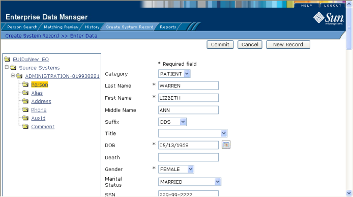 image:Figure shows the Demographic view on the Create System Record page.