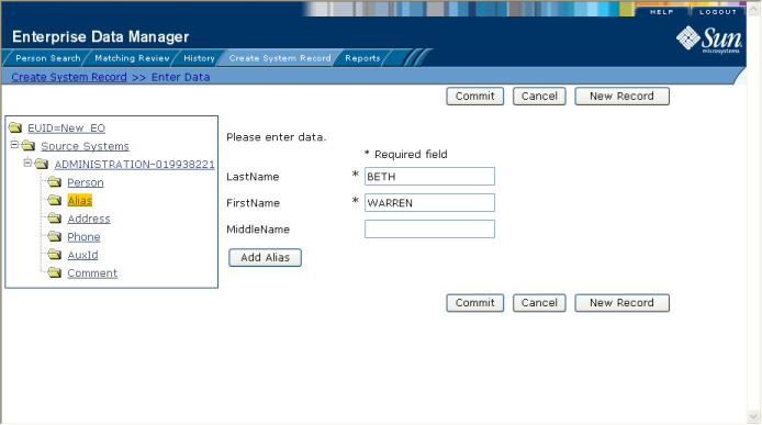 image:Figure shows the Alias view on the Create System Record page.