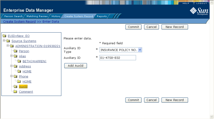 image:Figure shows the Auxiliary ID view on the Create System Record page.