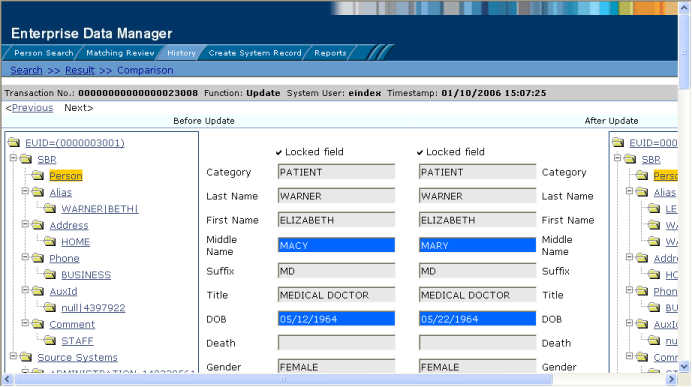 image:Figure shows two records in a side-by-side view on the Transaction History Comparison page.