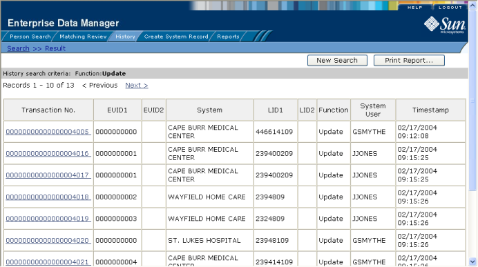 image:Figure shows the results of a transaction history search.