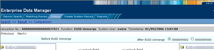 image:Figure shows the option buttons for an unmerge transaction on the Transaction History page.
