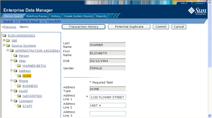 image:Figure shows the Address view of the View/Edit page.