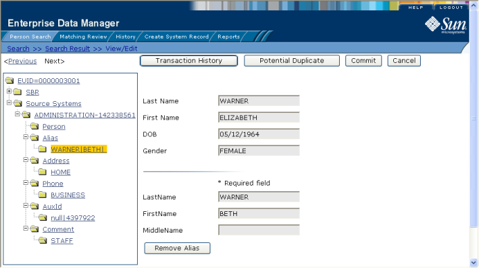 image:Figure shows the Alias view of the View/Edit page.