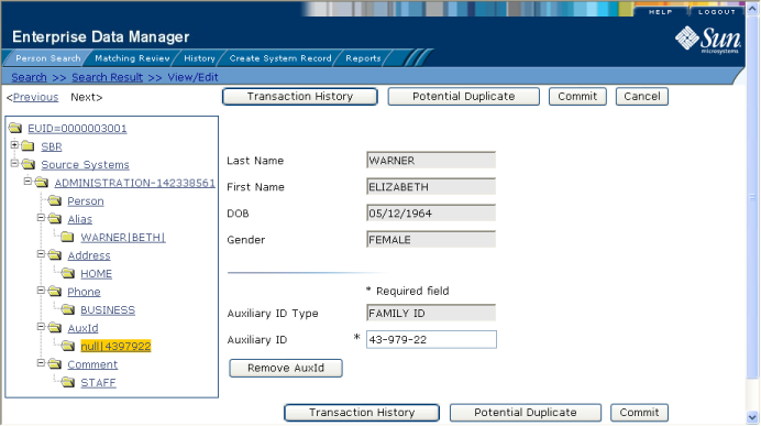 image:Figure shows the Auxiliary ID view of the View/Edit page.