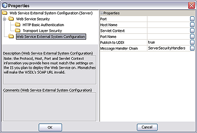 image:Screen capture of Web Services External System Properties dialog.