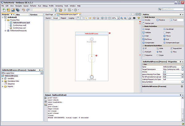image:Image shows the NetBeans IDE displaying the Design view of the BPEL Designer