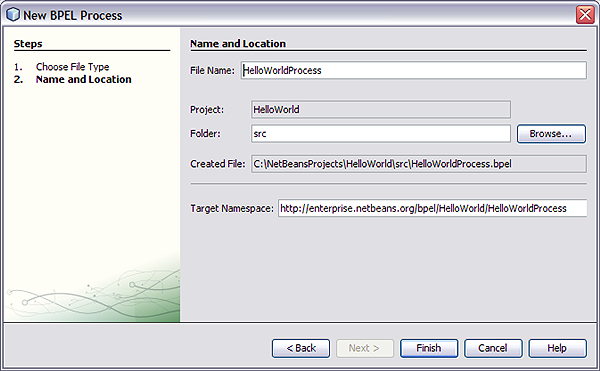 image:Image shows the New BPEL Process dialog box