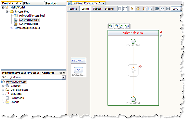 image:Image shows a new partner link added to the BPEL process in the BPEL Editor
