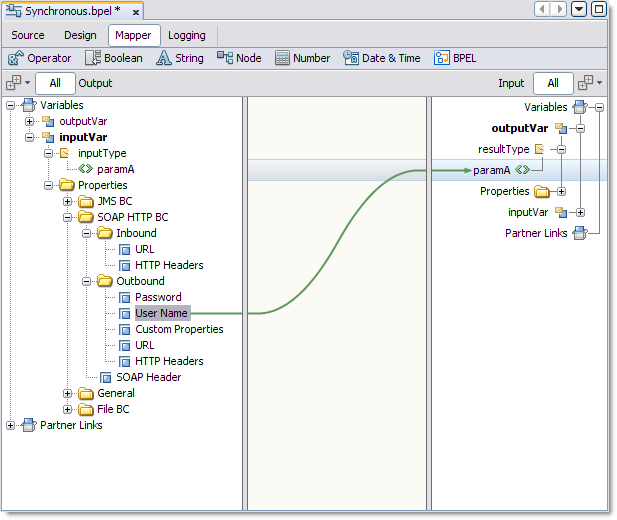 image:Image shows the BPEL Designer Mapper view as described in context