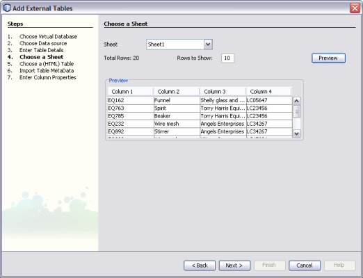 image:Figure shows the Choose a Sheet window of the Add External Tables Wizard.