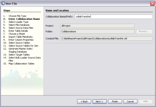 image:Figure shows the Name and Location window of the Data Integrator Wizard.
