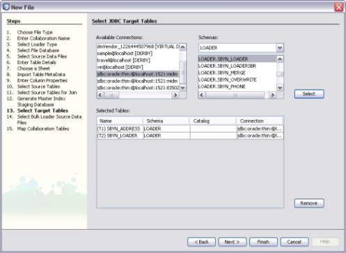 image:Figure shows the Select Target Tables window of the Data Integrator Wizard.