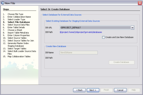 image:Figure shows the Select or Create Database window of the Data Integrator Wizard.