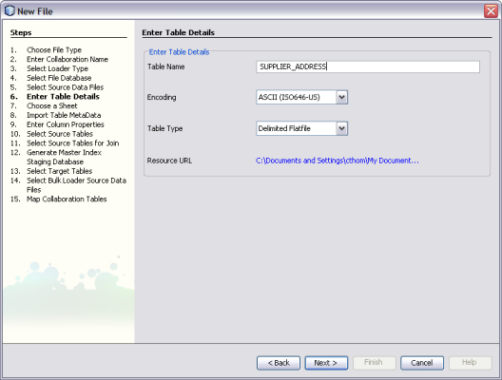 image:Figure shows the Enter Table Details window of the Data Integrator Wizard.