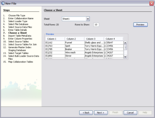 image:Figure shows the Choose a Sheet window of the Data Integrator Wizard.