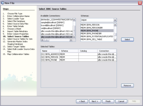 image:Figure shows the Select Source Tables window of the Data Integrator Wizard.