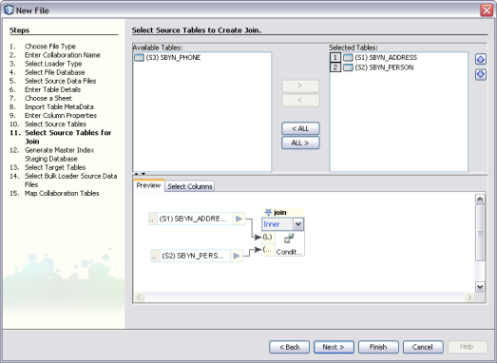 image:Figure shows the Select Source Tables for Join window of the Data Integrator Wizard.