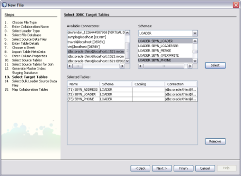 image:Figure shows the Select Target Tables window of the Data Integrator Wizard.