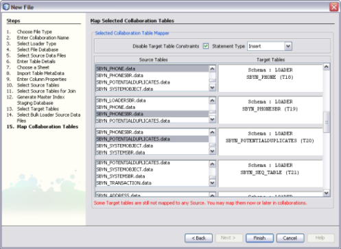 image:Figure shows the Map Selected Collaboration Tables window of the Data Integrator Wizard.