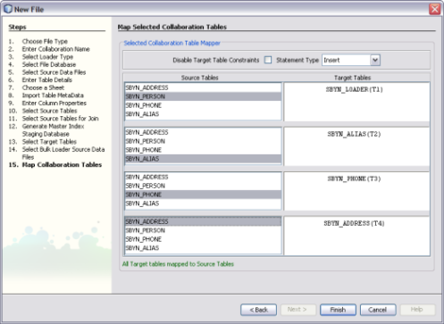 image:Figure shows the Map Selected Collaboration Tables window of the Data Integrator Wizard.