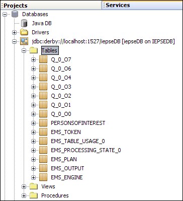 image:Figure shows the IEP database tables in the Services window.