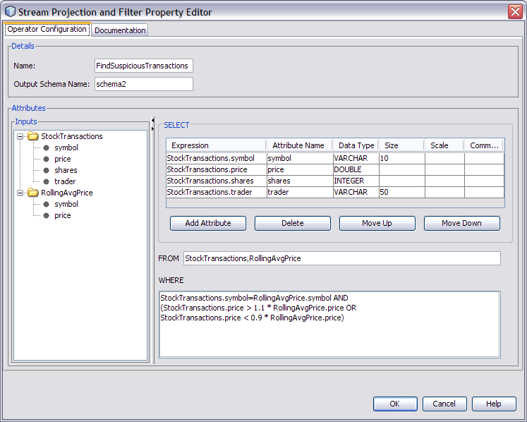 image:Screen capture of the property editor for the Stream Projection and Filter operator.