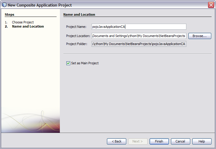 image:Figure shows the Name and Application window of the New Composite Application Project Wizard.