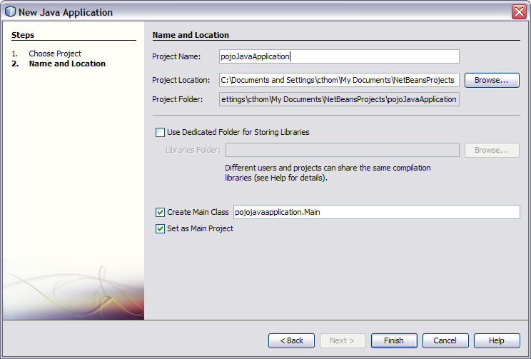 image:Figure shows the Name and Location window of the New Java Application Wizard.