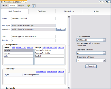 image:Figure shows the Task Definition Editor with the LDAP Browser.