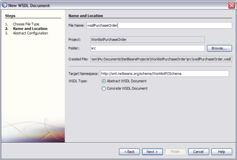 image:Figure shows the Name and Location window of the New WSDL Document Wizard.