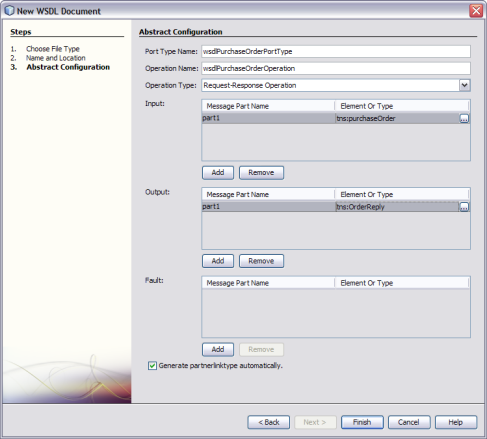 image:Figure shows the Abstract Configuration window of the New WSDL Document Wizard.