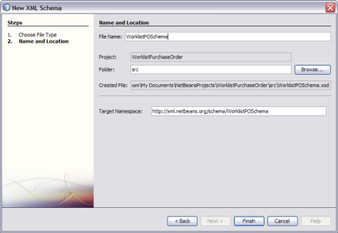 image:Figure shows the Name and Location window of the New XML Schema Wizard.