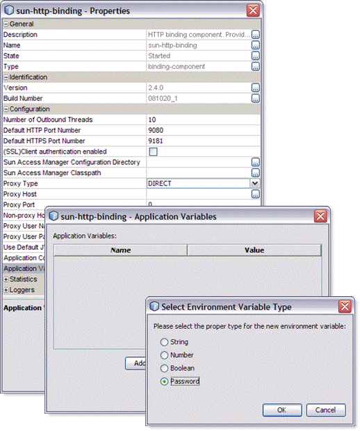 image:Graphic shows the HTTP Binding Component Runtime Properties Editor and the dialog box used to set the Application Variable type.