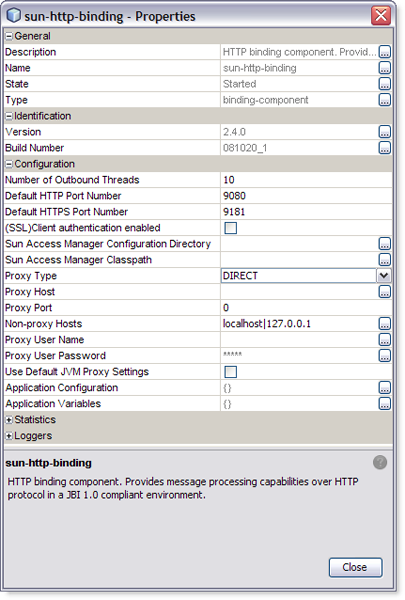 image:Graphic shows the HTTP Binding Component Runtime Properties Editor dialog box. The dialog box displays the properties and their current values.