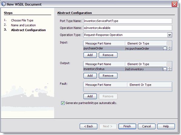 image:Graphic displays the New WSDL Document Wizard, as described in context.