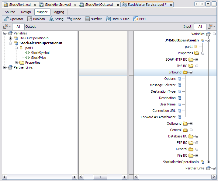 image:Screen capture of the BPEL Mapper with the inbound properties displayed.