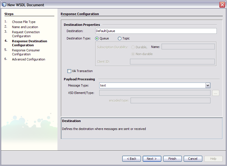 image:Screen capture of the Response Destination Configuration step.