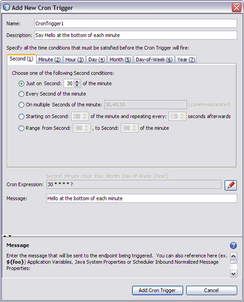 image:Image shows the Add New Cron Trigger dialog box as described in context