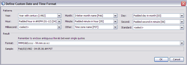image:Image shows the Define Custom Date and Time Format dialog box