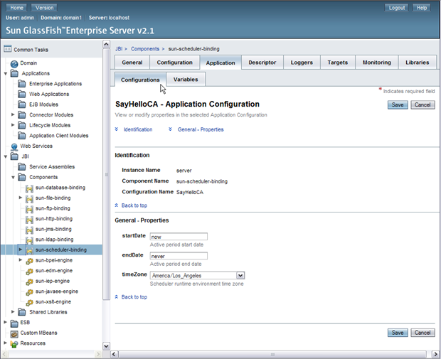 image:Image shows the Admin Console sun-scheduler-binding Application Configuration window