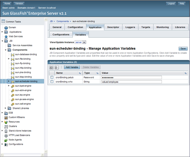image:Image shows the Manage Application Variables window of the GlassFish Admin Console