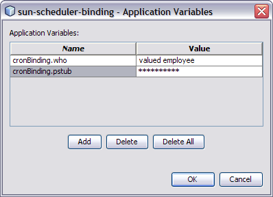 image:Image shows the Application Variables dialog box with two Application Variables configured