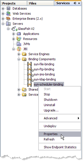 image:Image shows the sun-scheduler-binding node in the NetBeans Services window