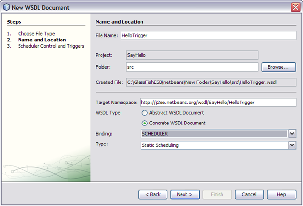 image:Image shows the WSDL Document Wizard with settings to create a SCHEDULER Binding.